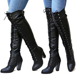 New Black Over Knee Combat Lace Up Heel Boots